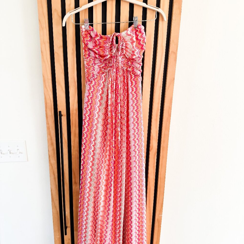 Y2K Sky Boho Maxi Dress with Halter Detail (S) in Orange and Pink